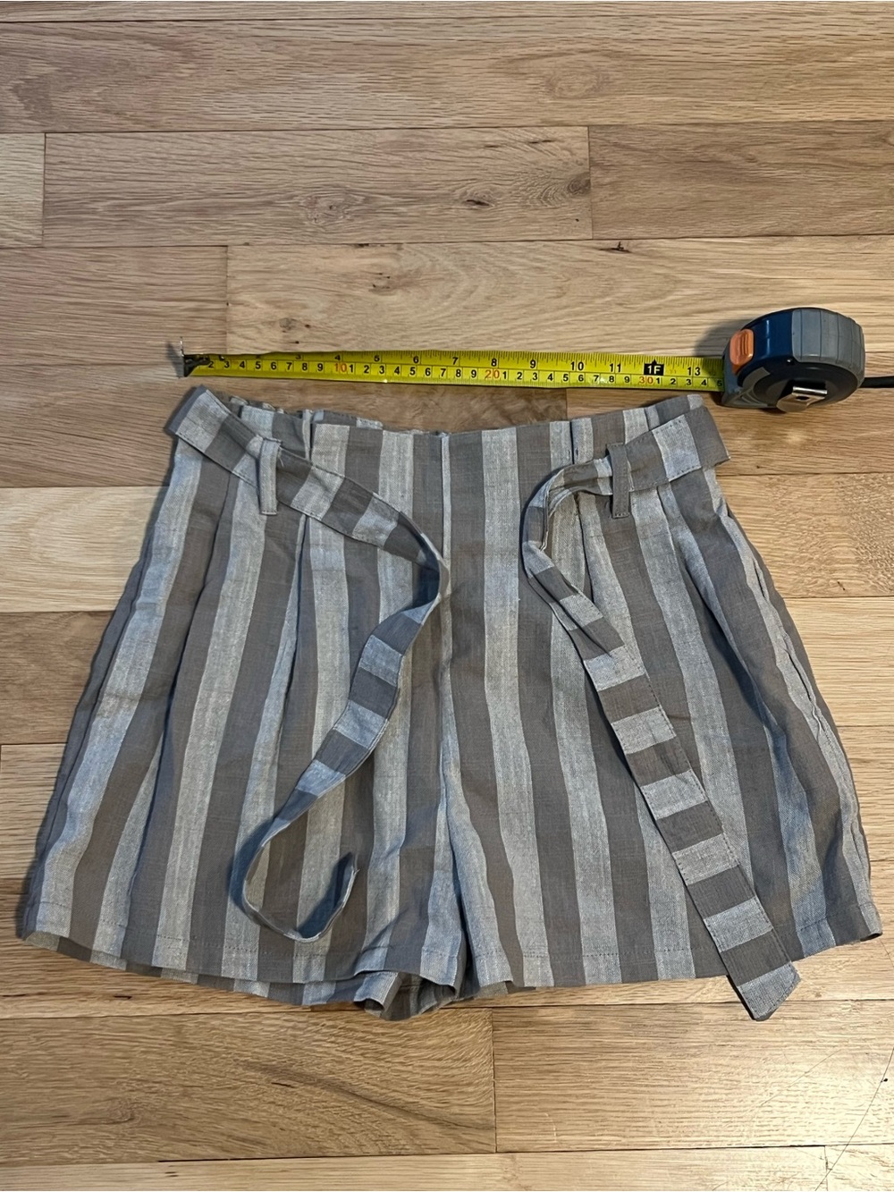 Altar'd State Vertical Striped Tie-Waist Shorts in Gray and Cream